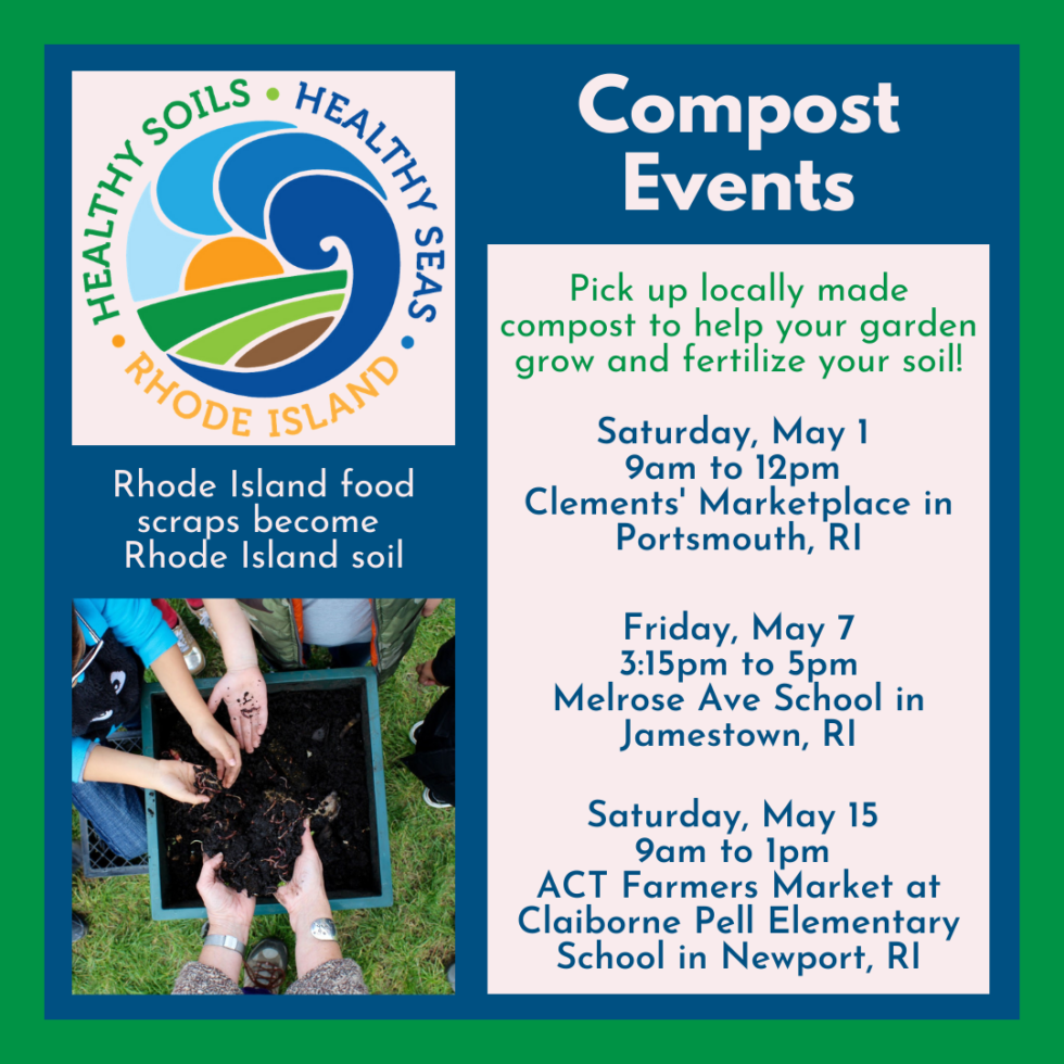 List of Composting events on May 1, May 7 and May 15 to give away compost and fundraise for local school zero waste program. Graphic shows the HSHSRI logo and hands digging through a compost bin.