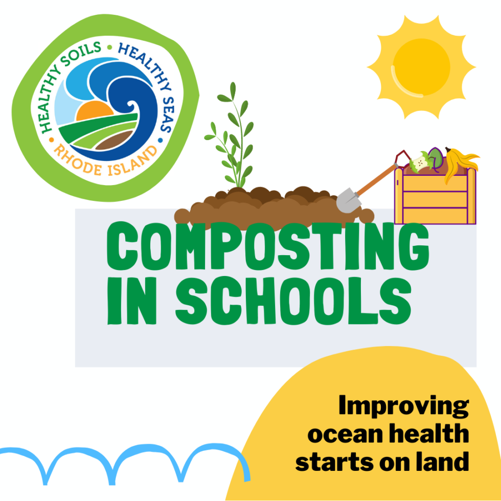 Graphic with HSHSRI logo reads "Composting in Schools" and shows a cartoon garden